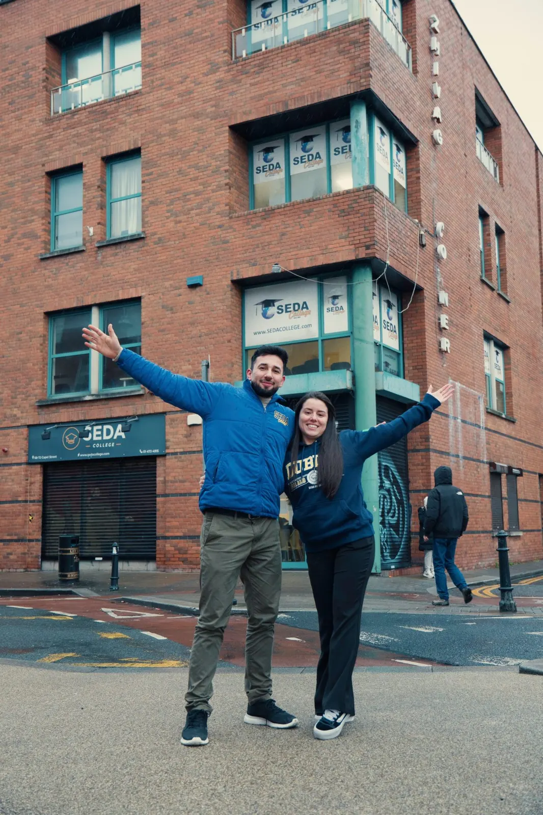 Two SEDA students outside the Capel Street campus in Dublin