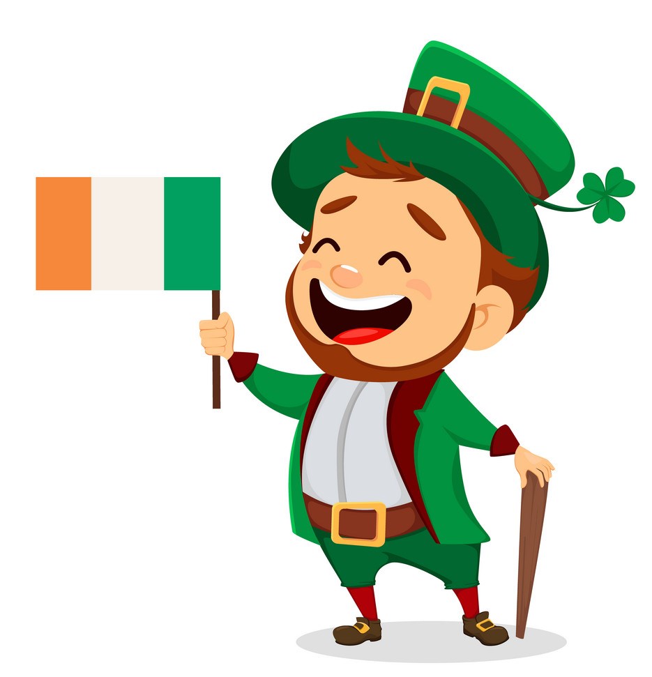 Cartoon funny leprechaun with Irish flag and cane - SEDA College